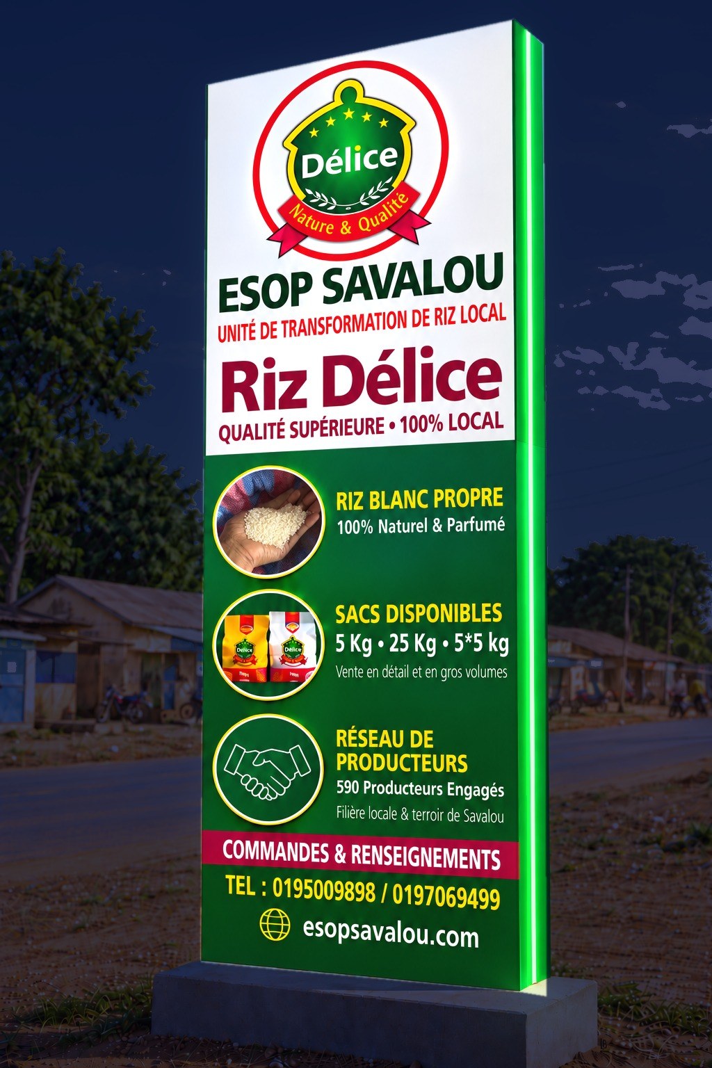 Enseigne lumineuse ESOP SAVALOU : riz Délice, qualité supérieure, 100 % local, sacs de 5 kg, 25 kg et 5 × 5 kg